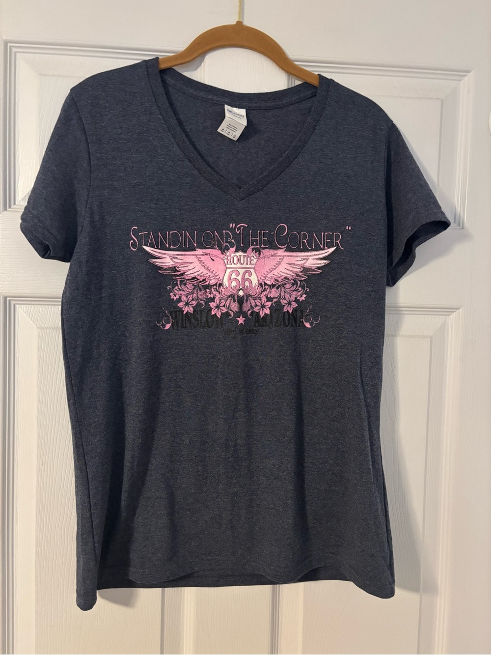 Route 66 "Standing on the Corner” Winslow, Az T-Shirt Charcoal/Pink Women's Med